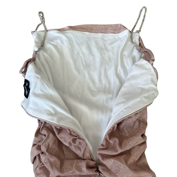 Glitter Ruched Bodycon Mini Dress Rhinestone Strap Champagne XSmall - Picture 5 of 5